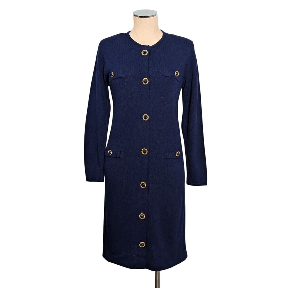 Vintage LAURA By Alyzia Blue Knit Dress With Gold Trim Navy Buttons  M/L